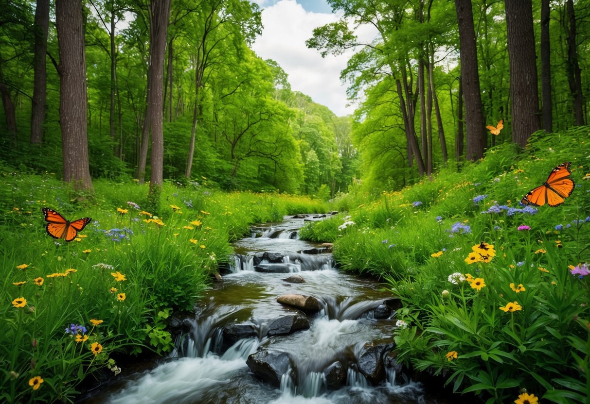 Ein üppiger grüner Wald mit einem fließenden Bach, umgeben von Wildblumen und Schmetterlingen