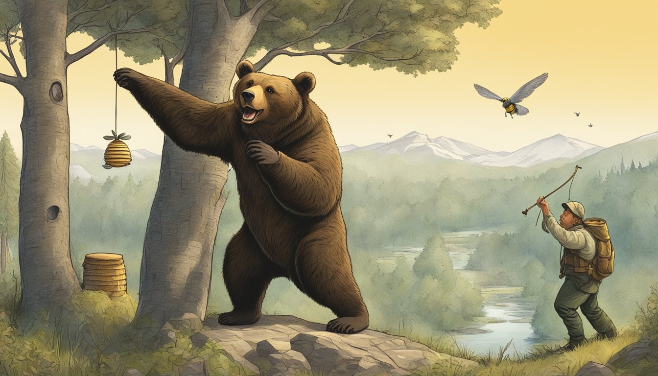 A bear stands on hind legs, pawing at a beehive in a tree while a hunter waits nearby with a bow drawn