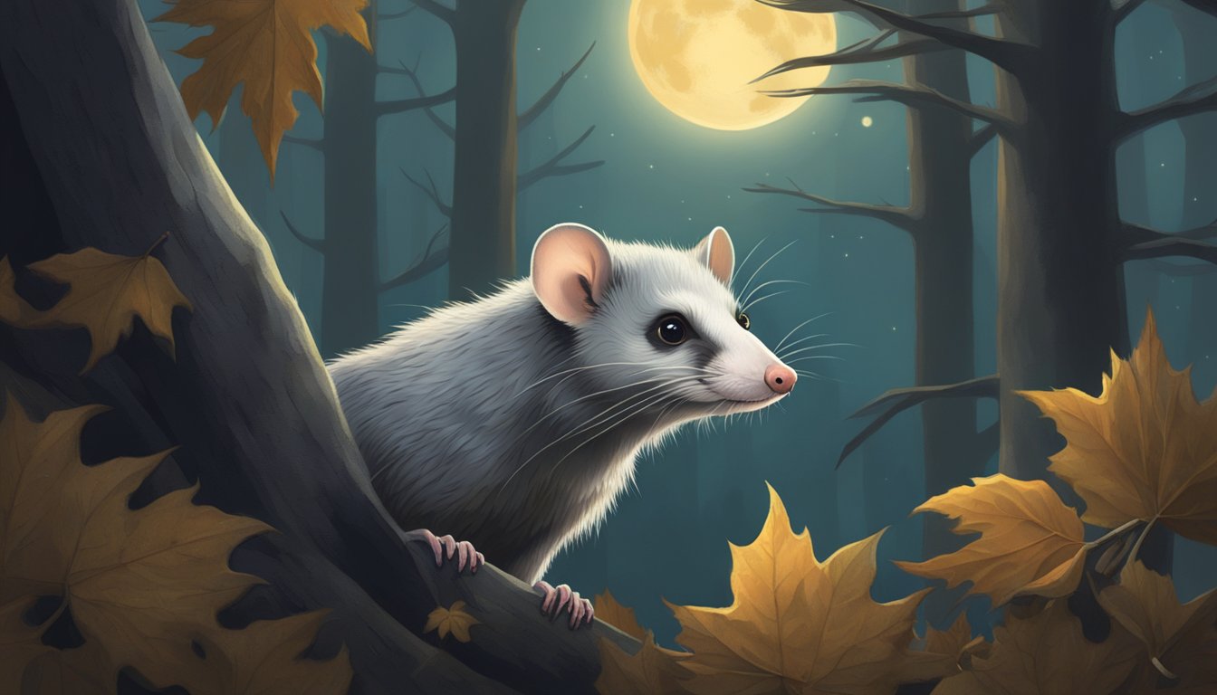 A cunning opossum stalks through the moonlit forest, its sharp eyes fixed on its prey. The rustling of leaves and the distant hoot of an owl create an eerie atmosphere