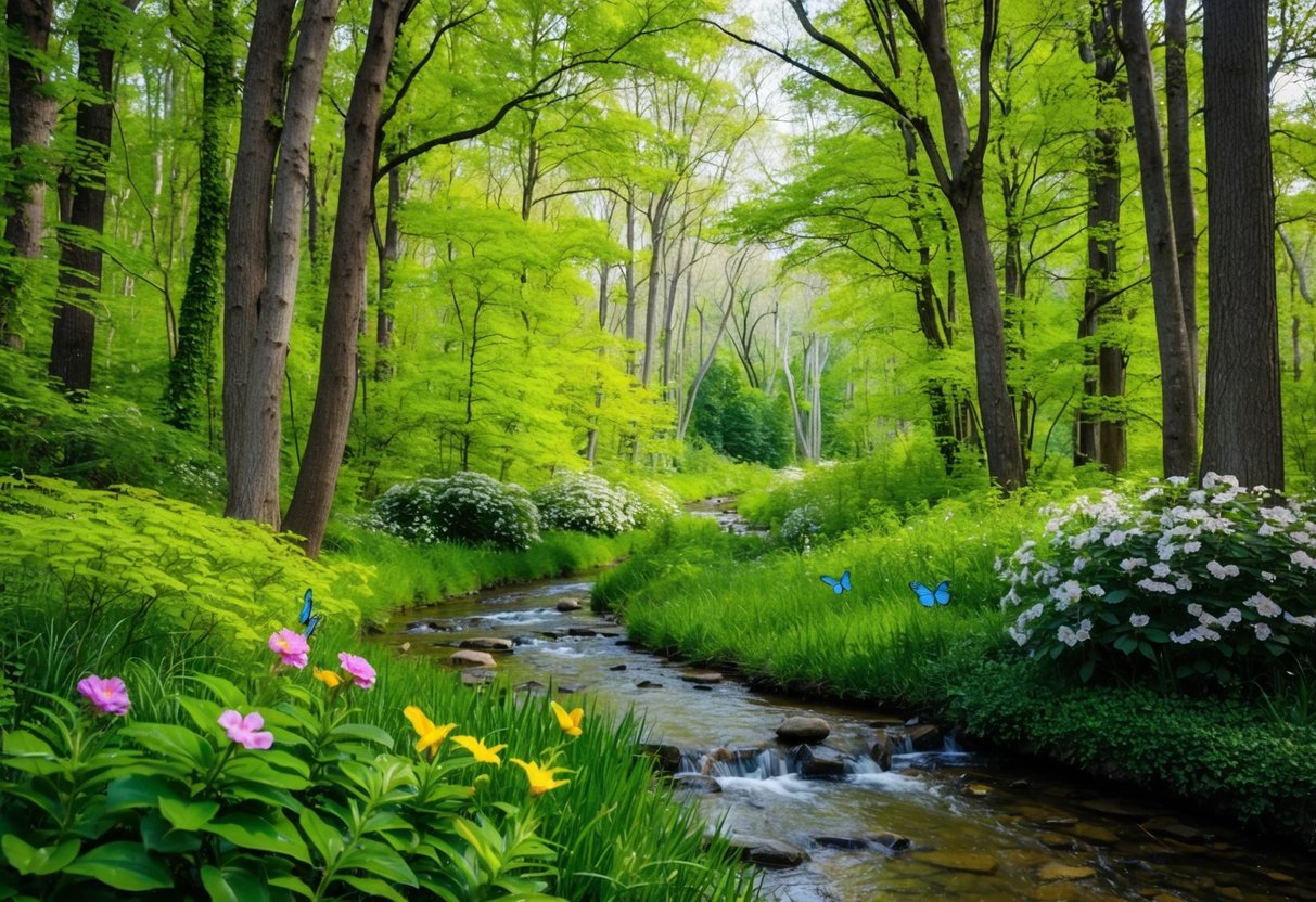 Ein ruhiger Wald mit lebhaftem grünen Laub und einem klaren Bach, umgeben von blühenden Blumen und Schmetterlingen