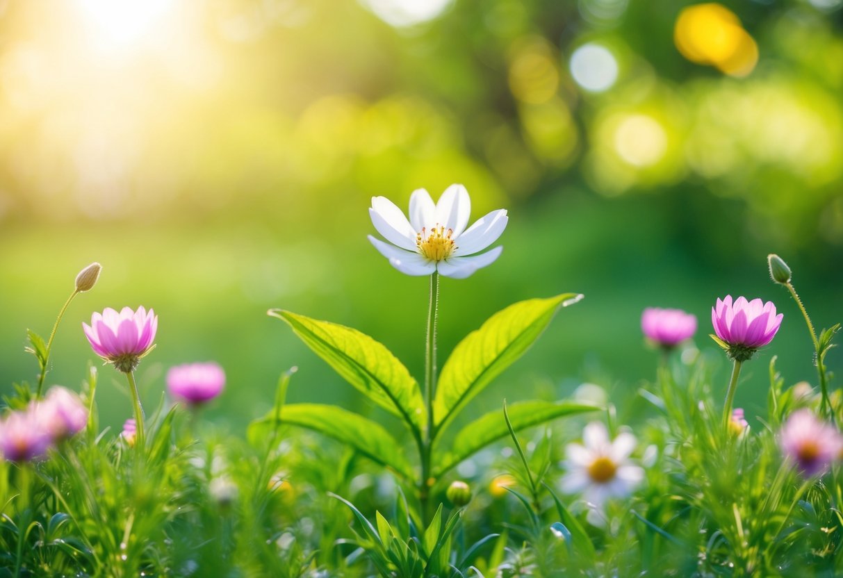 Eine ruhige Landschaft mit einer blühenden Blume, umgeben von verschiedenen natürlichen Elementen, die die Grundlagen der Hautalterung und natürliche Anti-Aging-Tipps symbolisieren.