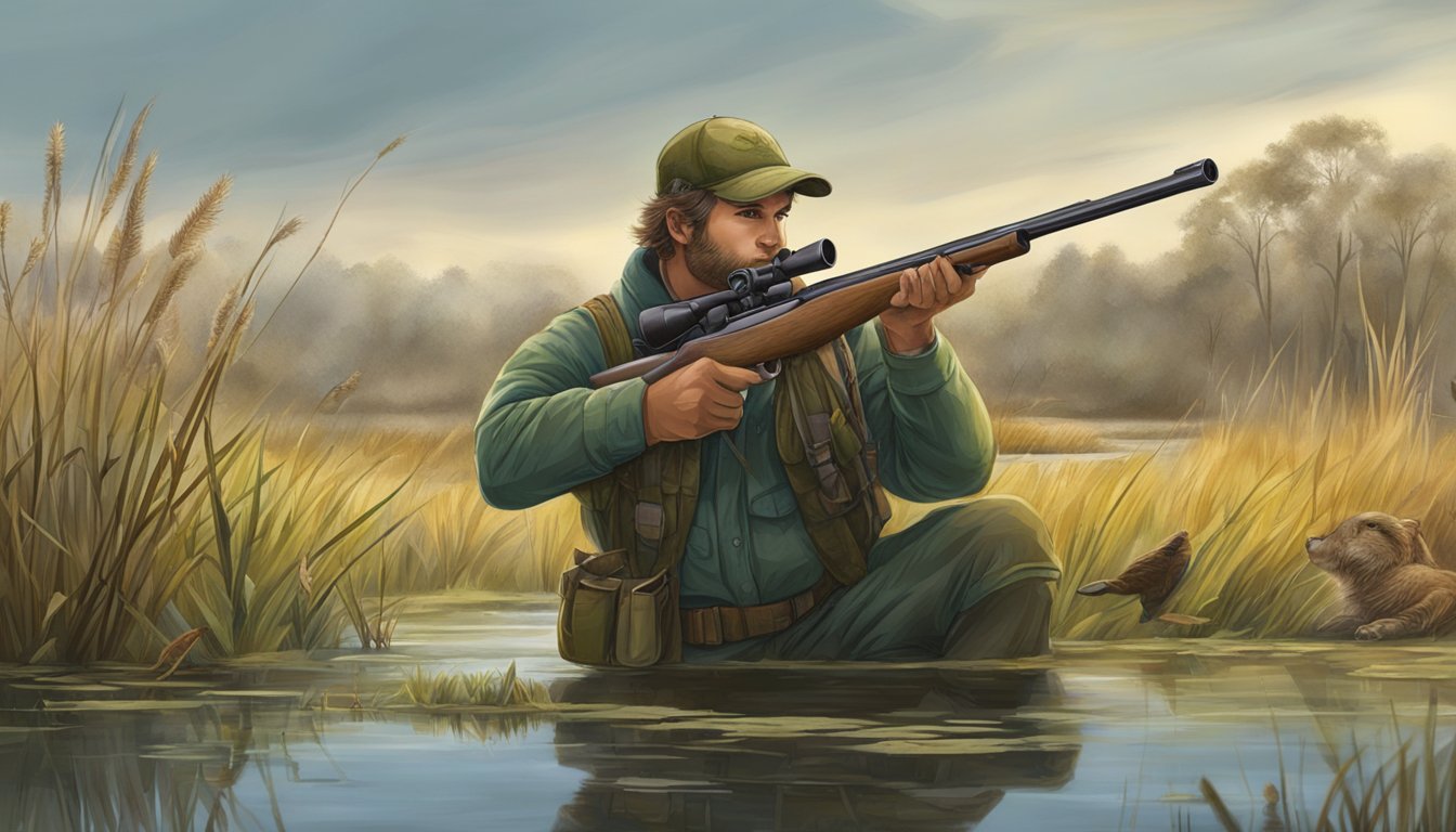 A hunter in a wetland, aiming at a nutria with a rifle