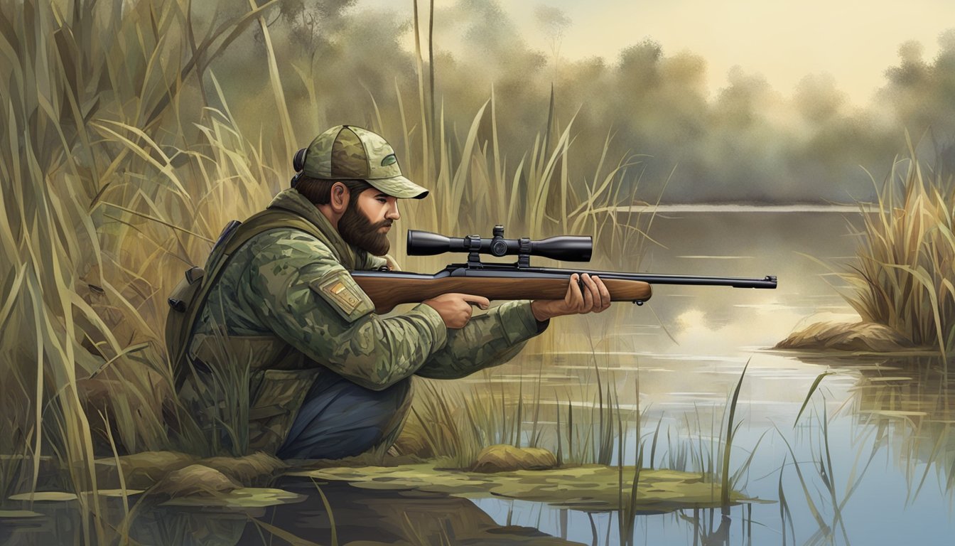 A hunter in camouflage aims a rifle at a nutria in a marshy wetland