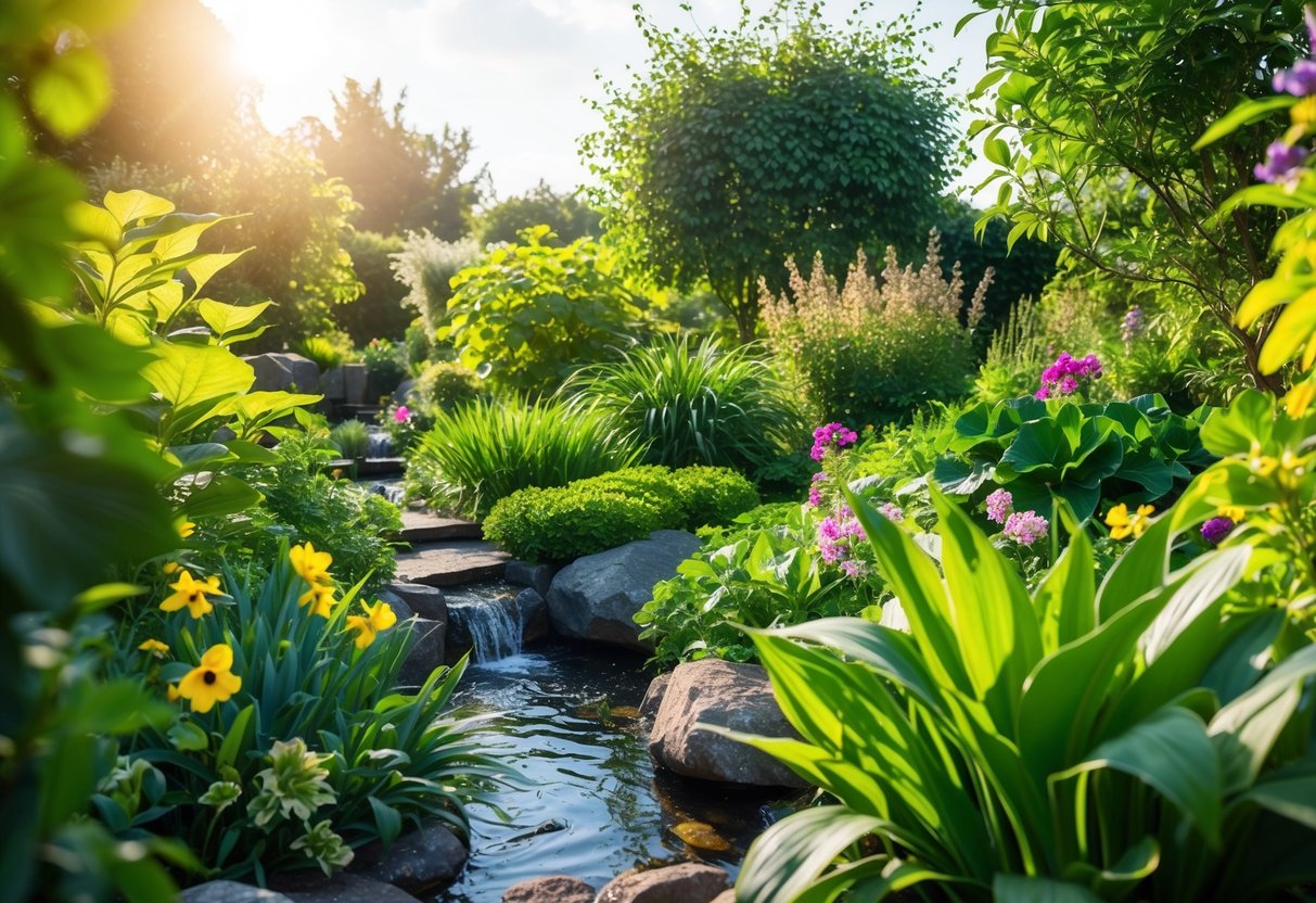 Ein üppiger grüner Garten mit verschiedenen Pflanzen und Blumen, umgeben von natürlichen Elementen wie Wasser, Sonnenlicht und Erde.