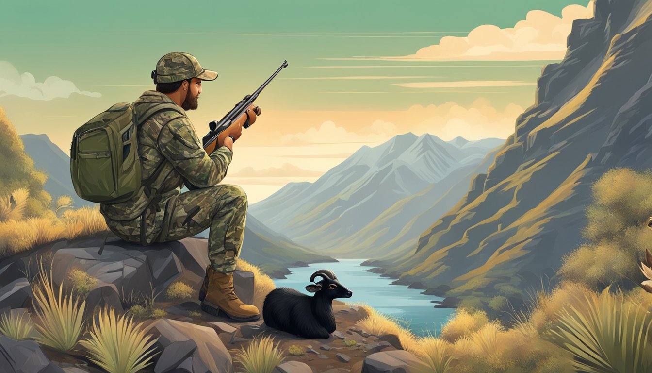 A hunter in camouflage aims a rifle at a black Hawaiian sheep in a rugged, mountainous landscape