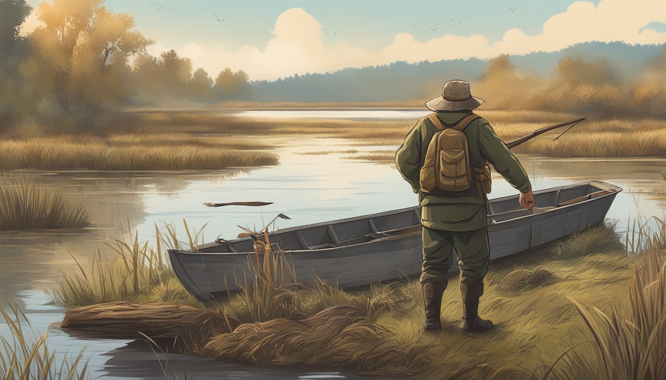 A hunter sets traps along a marshy riverbank, with a small boat nearby and a pile of harvested nutria in the background