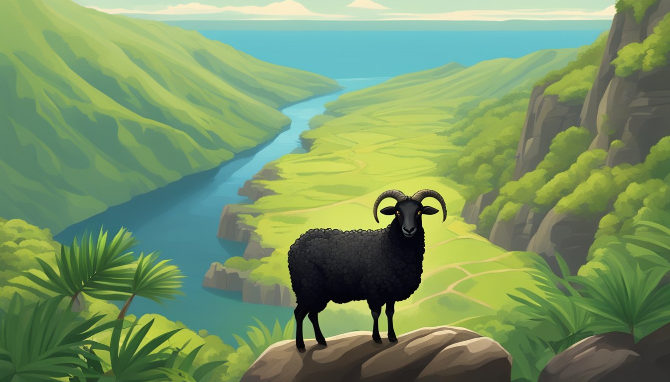 A lone black Hawaiian sheep stands on a rocky cliff, overlooking a serene valley, surrounded by lush greenery