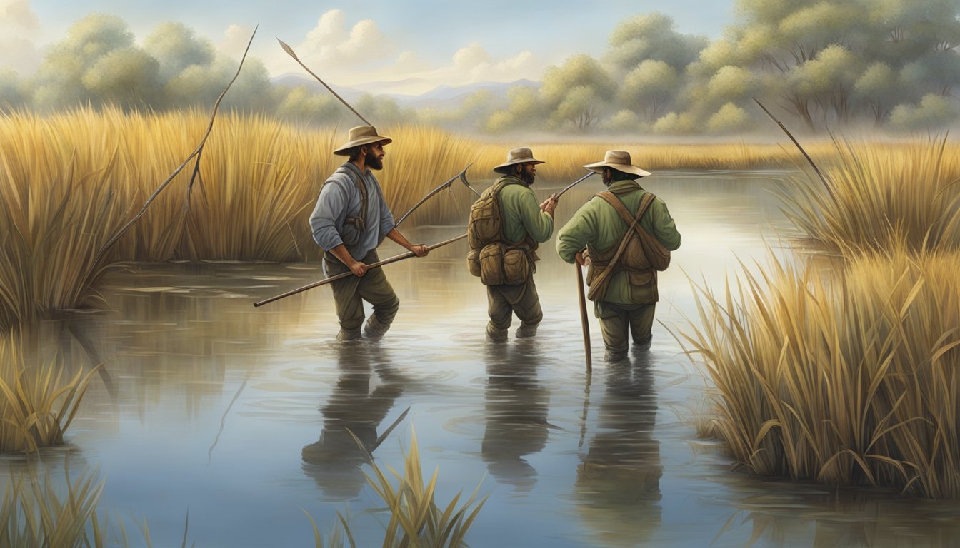 A group of hunters wade through a marsh, spears in hand, as they track and capture nutria for their cultural significance