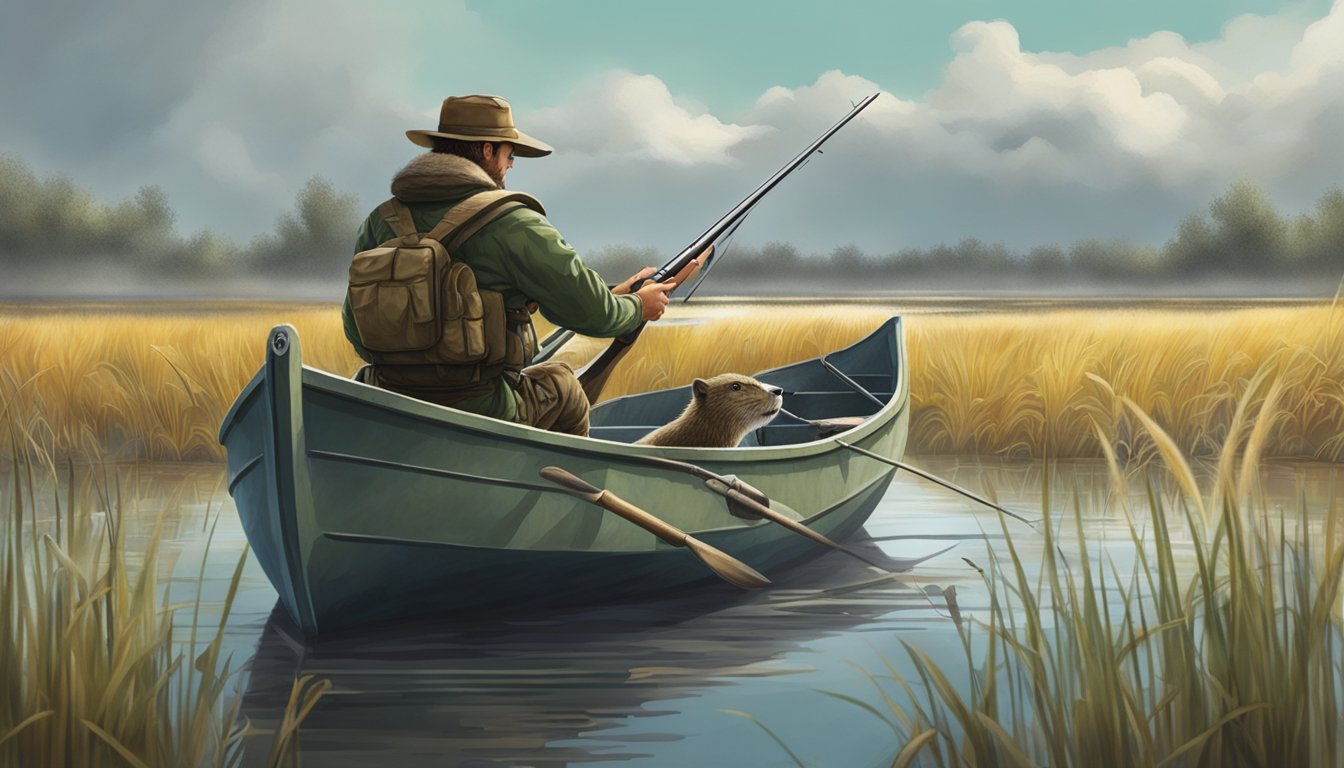 A hunter in a boat, surrounded by marshland, aiming at a nutria in the water