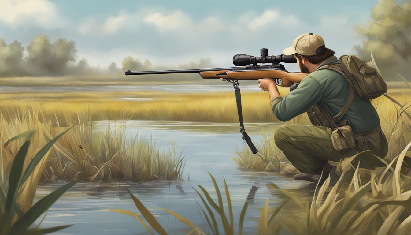 A hunter tracking nutria through a marshland, aiming a rifle