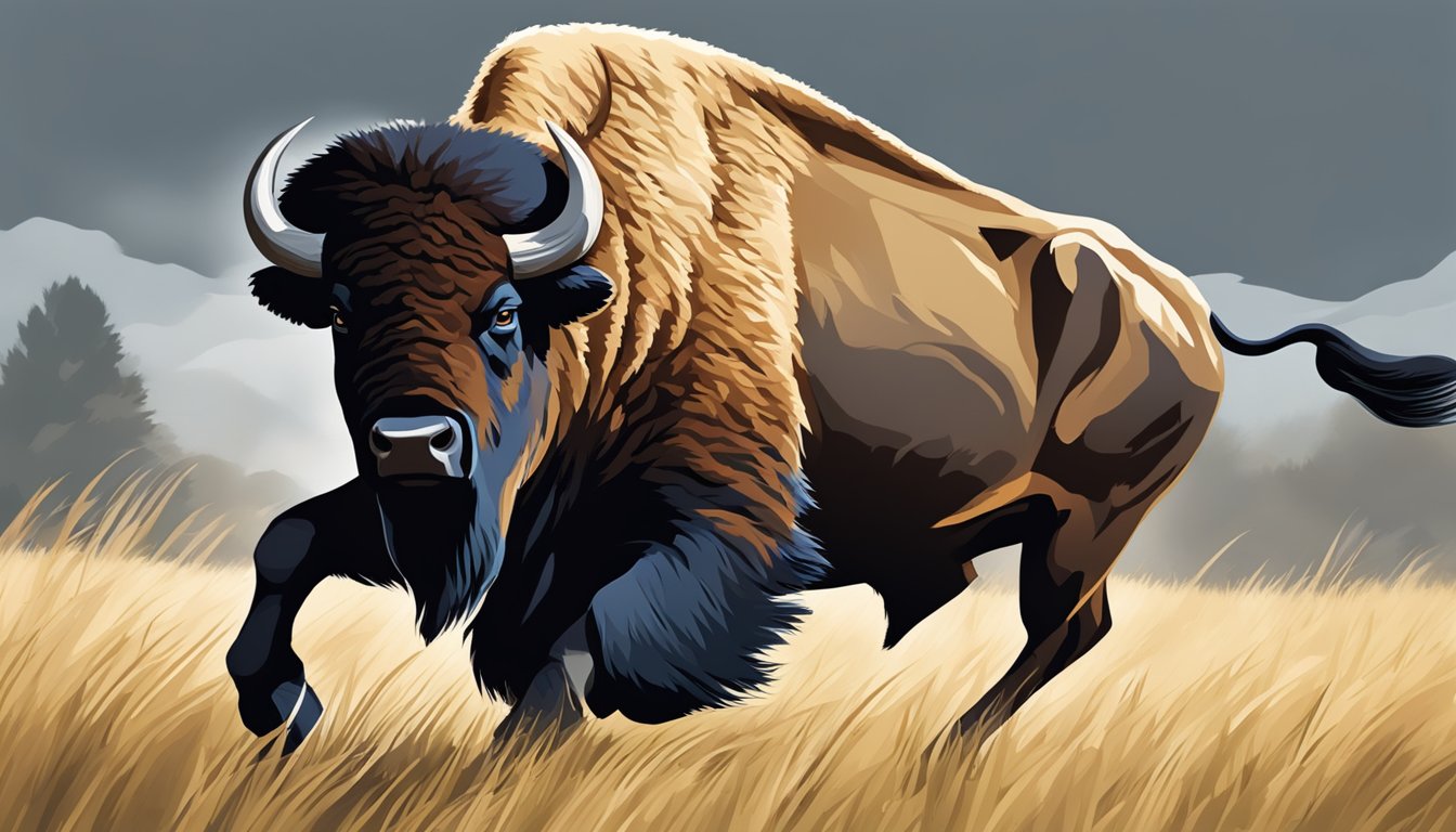 A bison bison hunting, charging through a grassy plain with focused determination, its powerful muscles propelling it forward