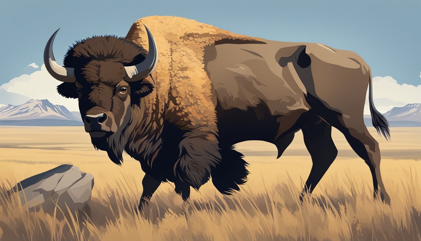 A lone bison stands on the open prairie, a hunter crouched behind a rock, poised with a bow and arrow