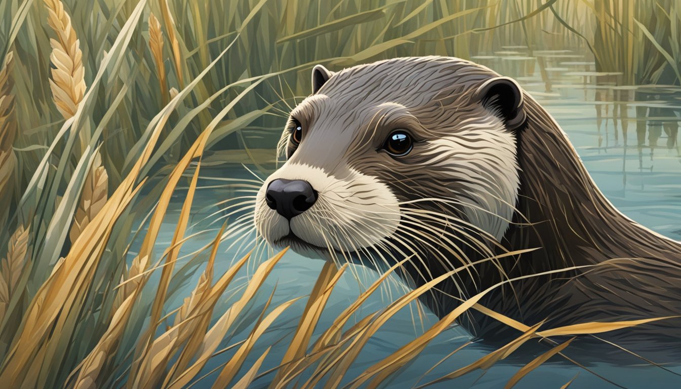 An otter stalking through reeds, eyes fixed on fish. Nets and spears laid out nearby