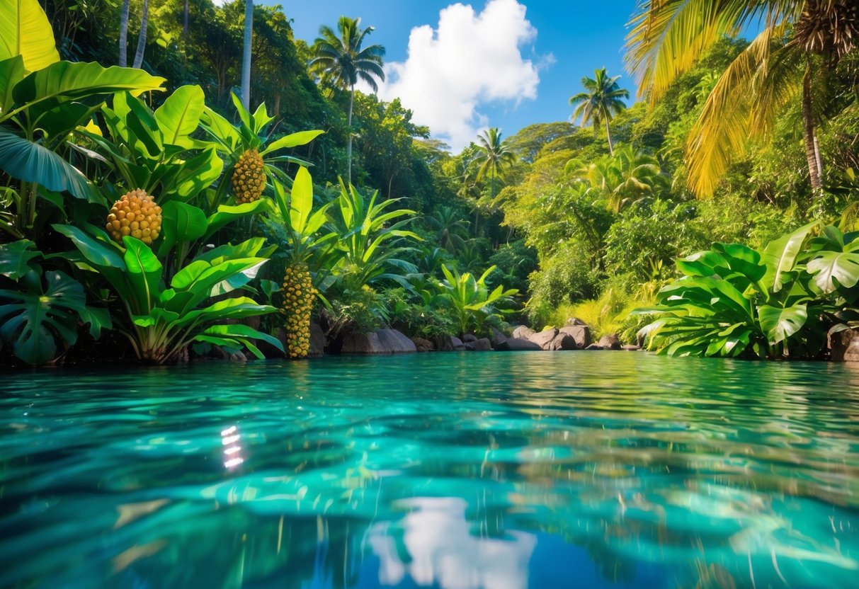 Ein üppiger tropischer Regenwald mit lebendiger, vielfältiger Pflanzenwelt und exotischen Früchten, umgeben von klarem, reinem Wasser und einem hellen, sonnigen Himmel