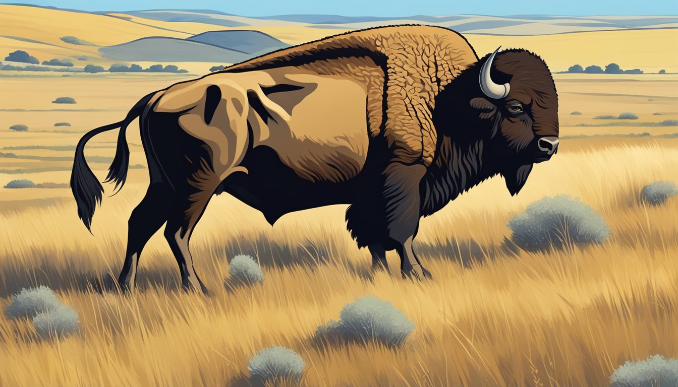 A bison grazing in a vast open prairie, surrounded by rolling hills and a clear blue sky