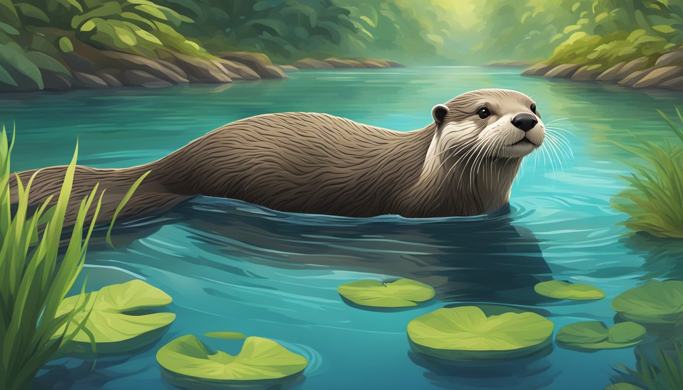 An otter swimming peacefully in a pristine river, surrounded by lush greenery and vibrant wildlife