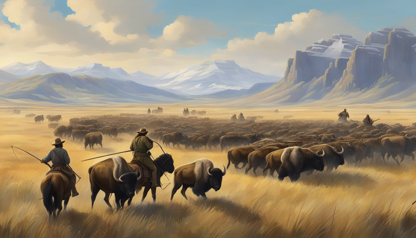 A group of hunters on horseback surround a herd of bison on the open prairie, preparing to launch their spears and arrows