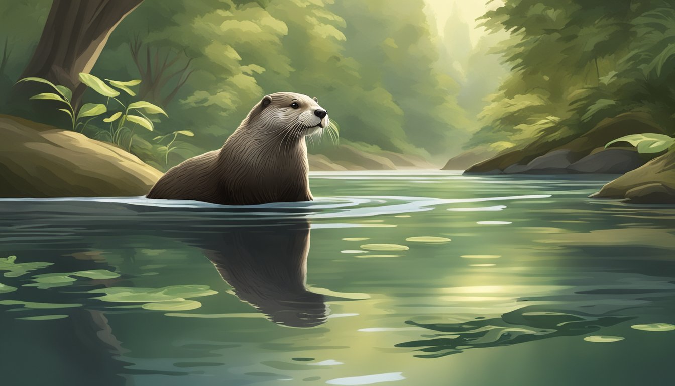 An otter swimming in a serene river, surrounded by lush greenery and tall trees. A sign with hunting regulations posted on the riverbank