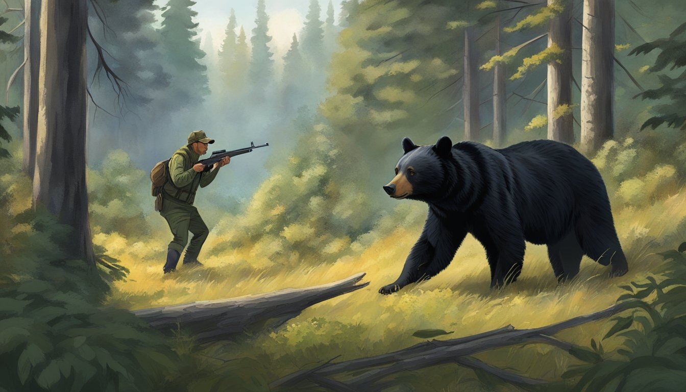 A black bear standing in a forest clearing, surrounded by trees and bushes, with a hunter in the distance aiming a rifle