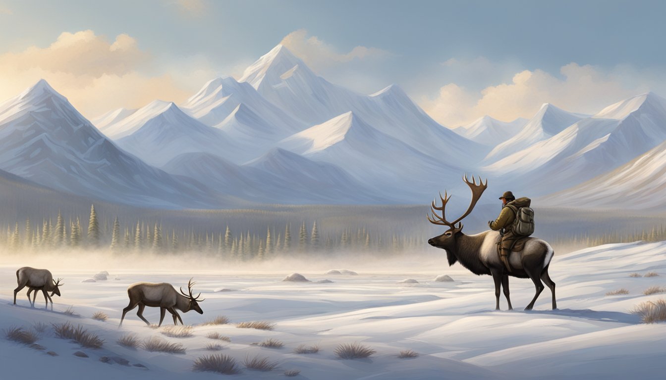 A group of caribou roam across a vast, snowy tundra, with mountains in the distance. A hunter crouches behind a rock, bow in hand, ready to take aim