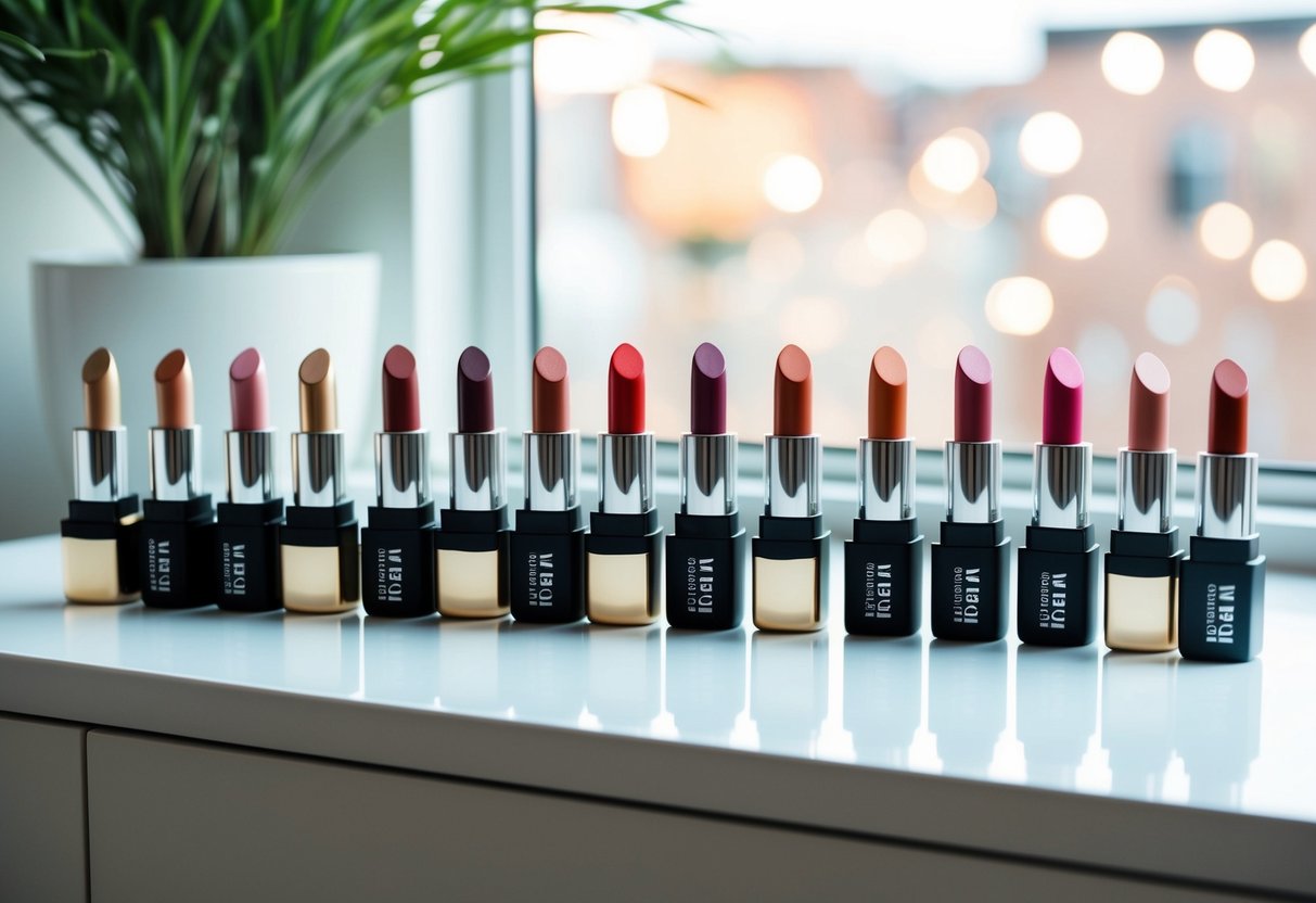 Eine bunte Auswahl an veganen Lippenstiften, die auf einer sauberen, weißen Oberfläche mit natürlichem Licht angeordnet sind.