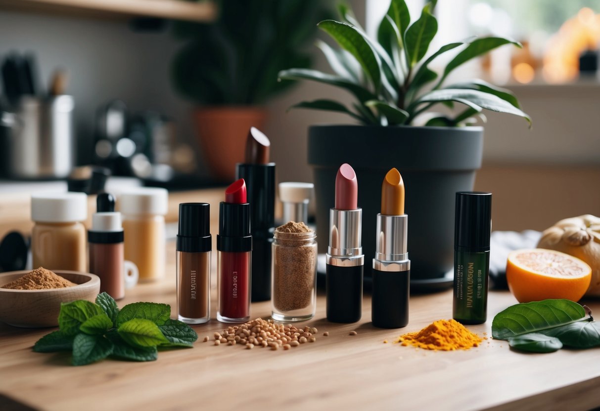 Ein Tisch mit verschiedenen pflanzlichen Zutaten und Geräten zur Herstellung von veganen Lippenstiften