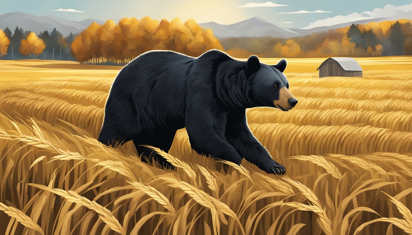 A black bear prowls through a golden field of harvested crops, searching for food before hibernation