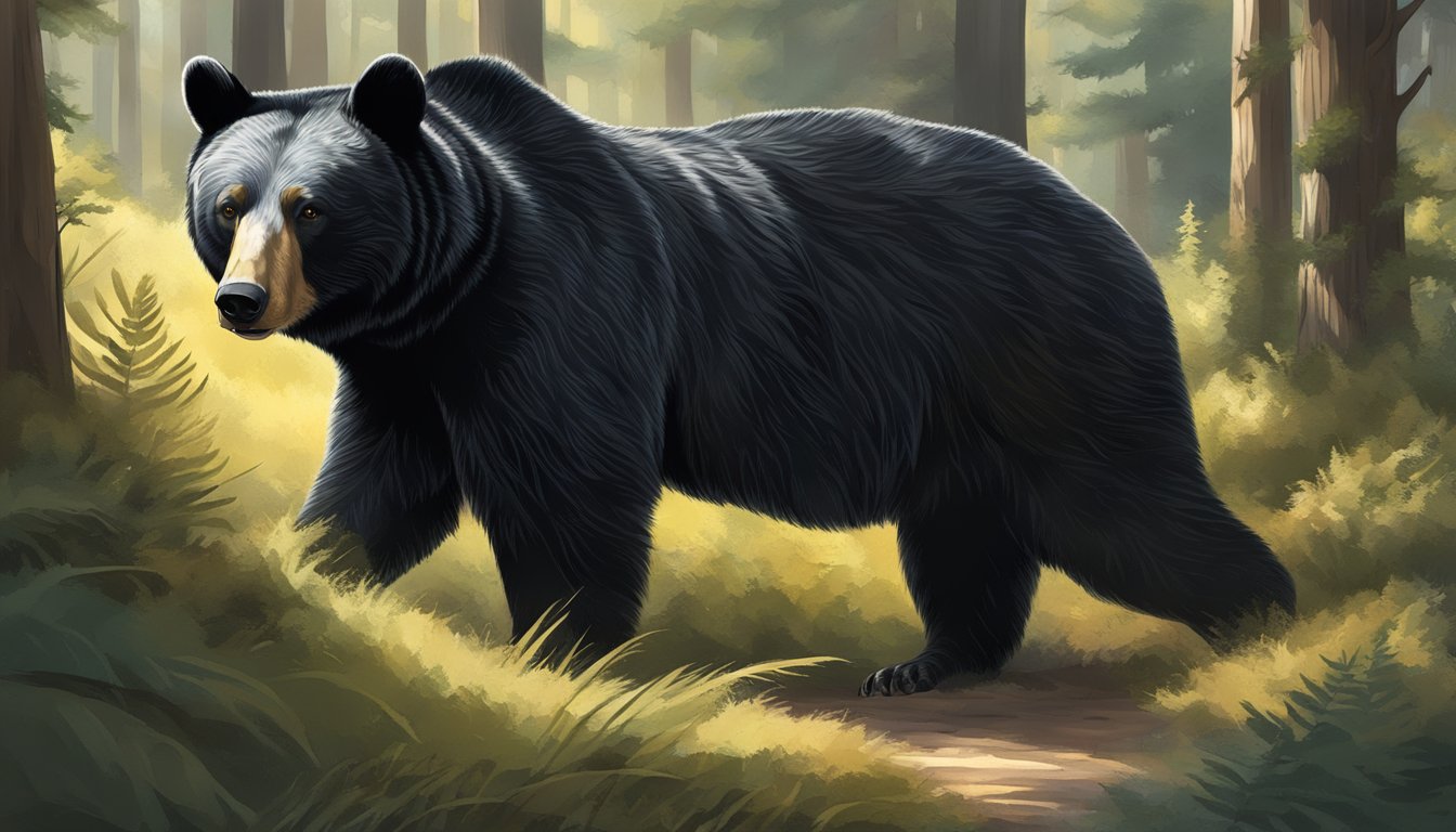 A black bear emerges from the dense forest, its fur glistening in the sunlight as it scans the surroundings for prey