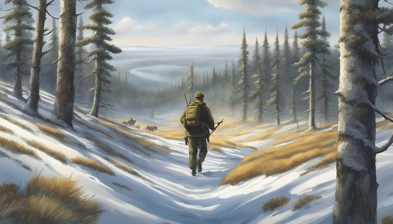 A lone hunter stalks through the dense forest, rifle in hand, while a group of hunters follow a guide across the open tundra in search of caribou