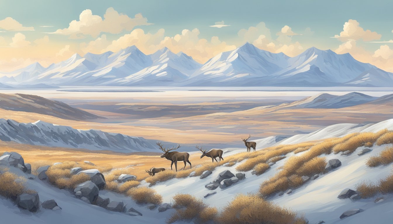 A vast, snowy tundra with distant mountains, dotted with scattered patches of shrubs and lichen, where a small herd of caribou grazes