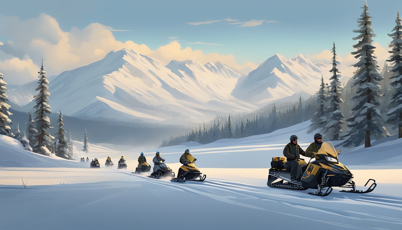 A group of caribou hunters on snowmobiles and sleds traversing a snowy landscape with mountains in the distance