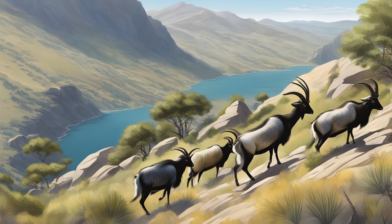 A group of feral goats grazing on rocky hillsides, with a hunter stalking them from a distance