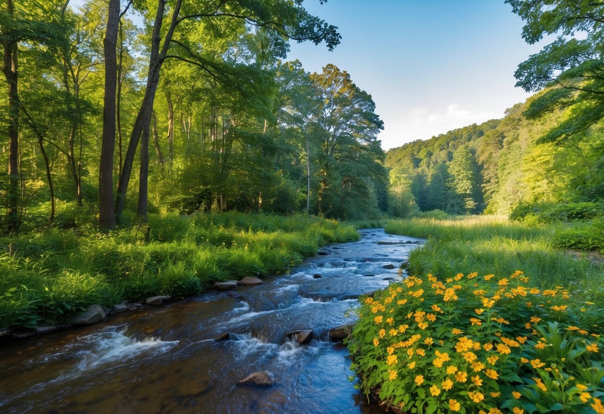 Ein ruhiger Wald mit einem fließenden Bach, umgeben von üppigem Grün und bunten Blumen, mit einem klaren Himmel darüber.