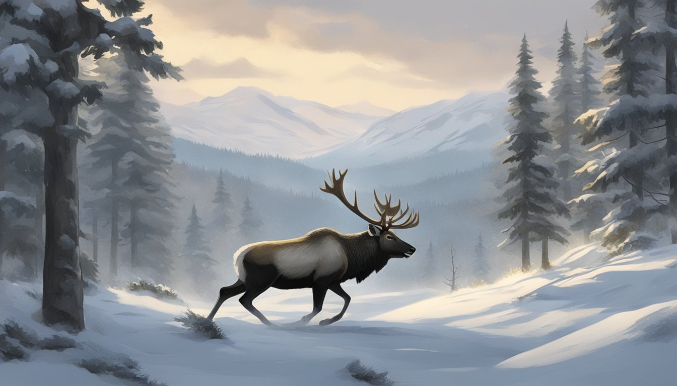 A caribou being hunted by a lone figure in a snowy, forested landscape