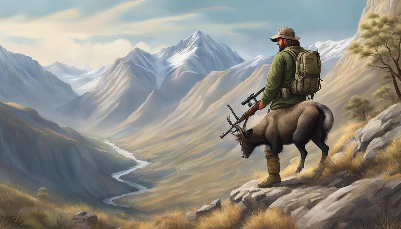 A hunter with a rifle tracking a feral goat in a rugged and remote mountainous landscape