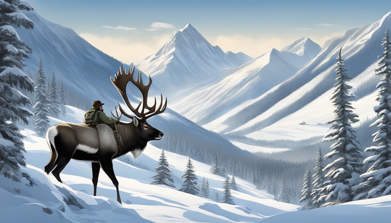 A hunter stalking caribou through a snowy, forested landscape, with mountains in the background and a clear, cold sky overhead