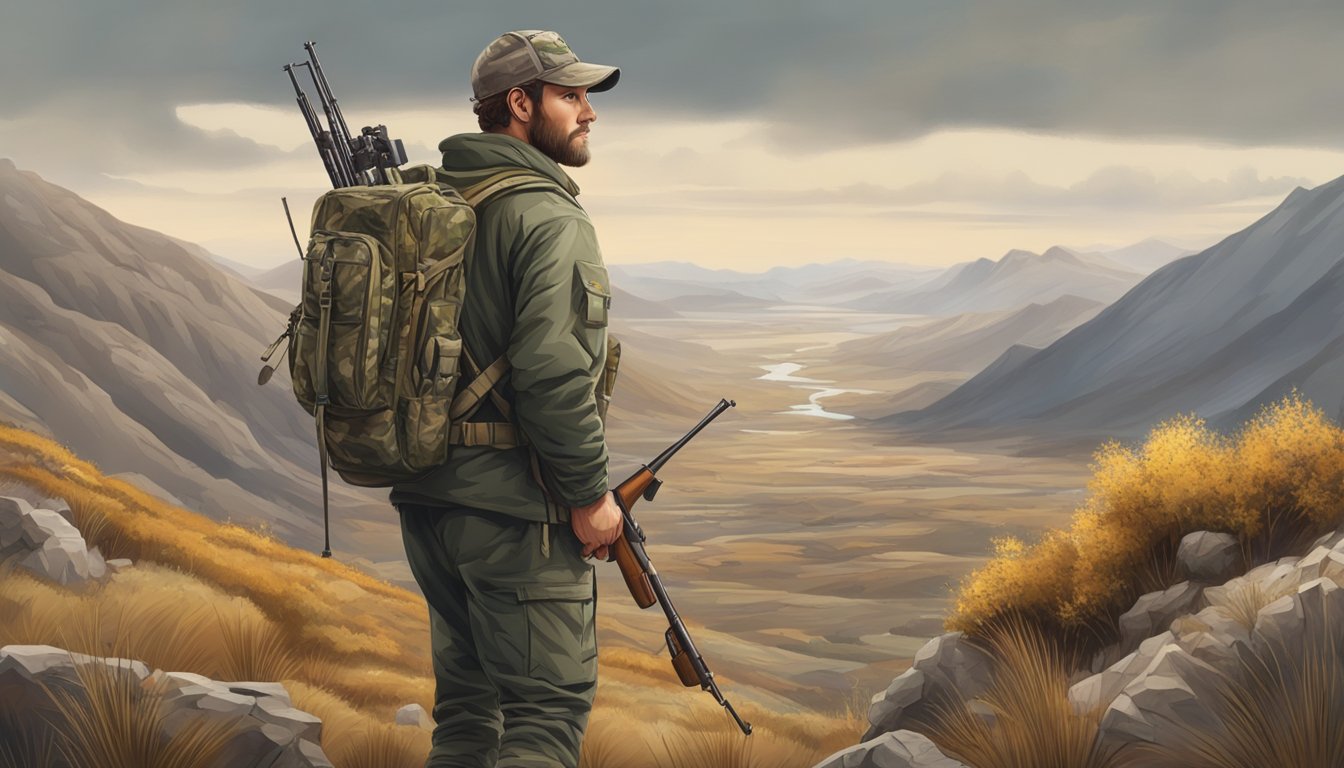 A hunter standing in a rugged landscape, wearing camouflage gear and carrying a rifle, with a pack of hunting supplies at their feet