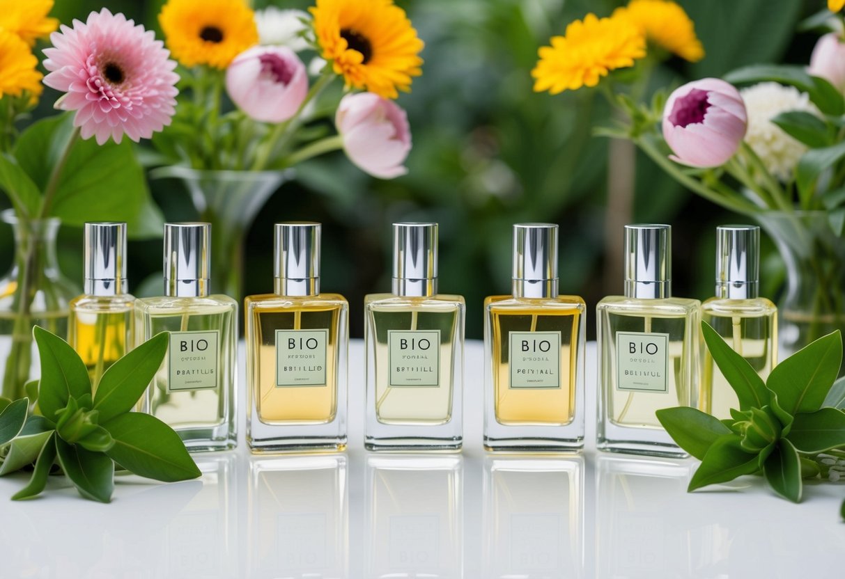 Ein Tisch, der mit verschiedenen Flaschen Bio-Parfums gedeckt ist, umgeben von frischen Blumen und grünen Blättern.
