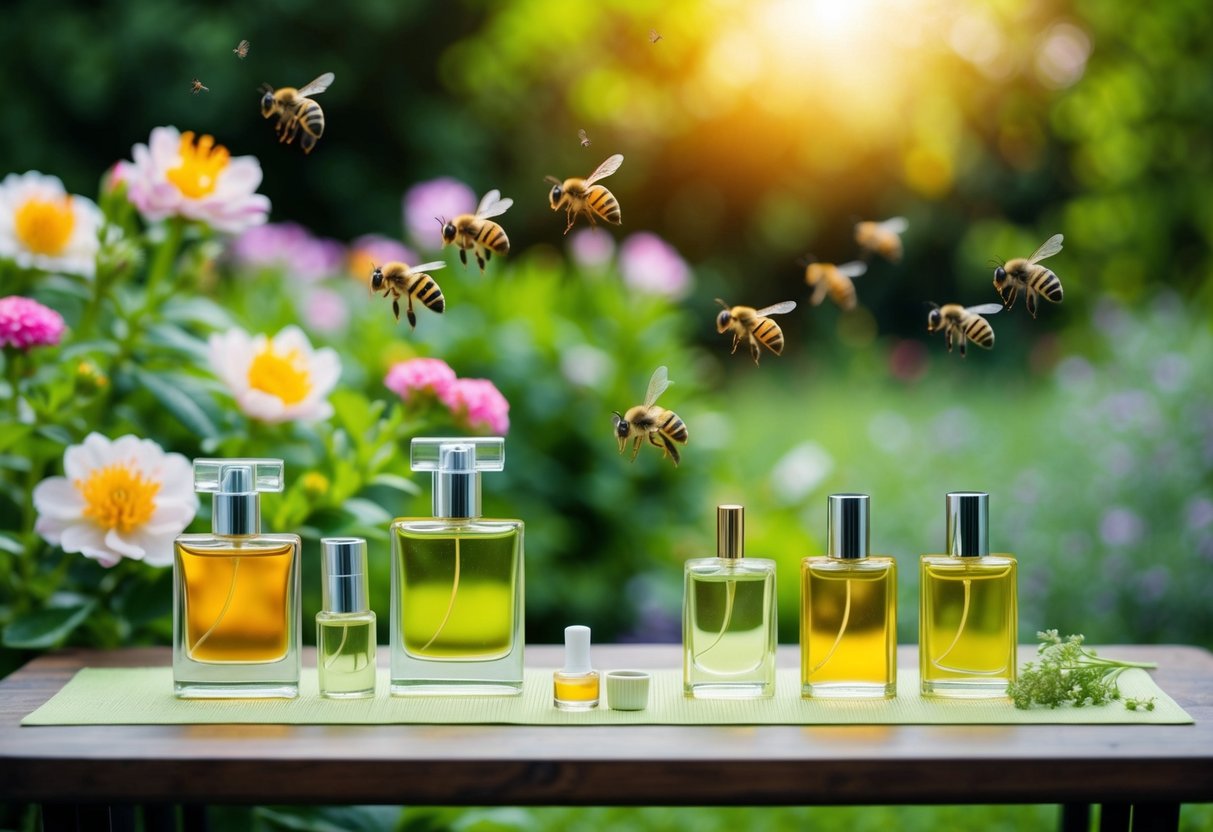 Ein ruhiger Garten mit blühenden Blumen, umgeben von üppigem Grün und summenden Bienen. Ein Tisch zeigt verschiedene organische Parfümflaschen zum Testen.