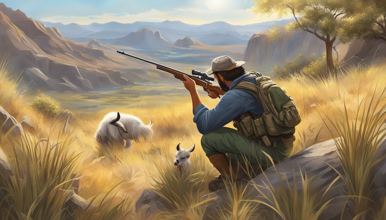 A hunter crouches in tall grass, aiming a rifle at a feral goat grazing in a rocky, sun-drenched landscape