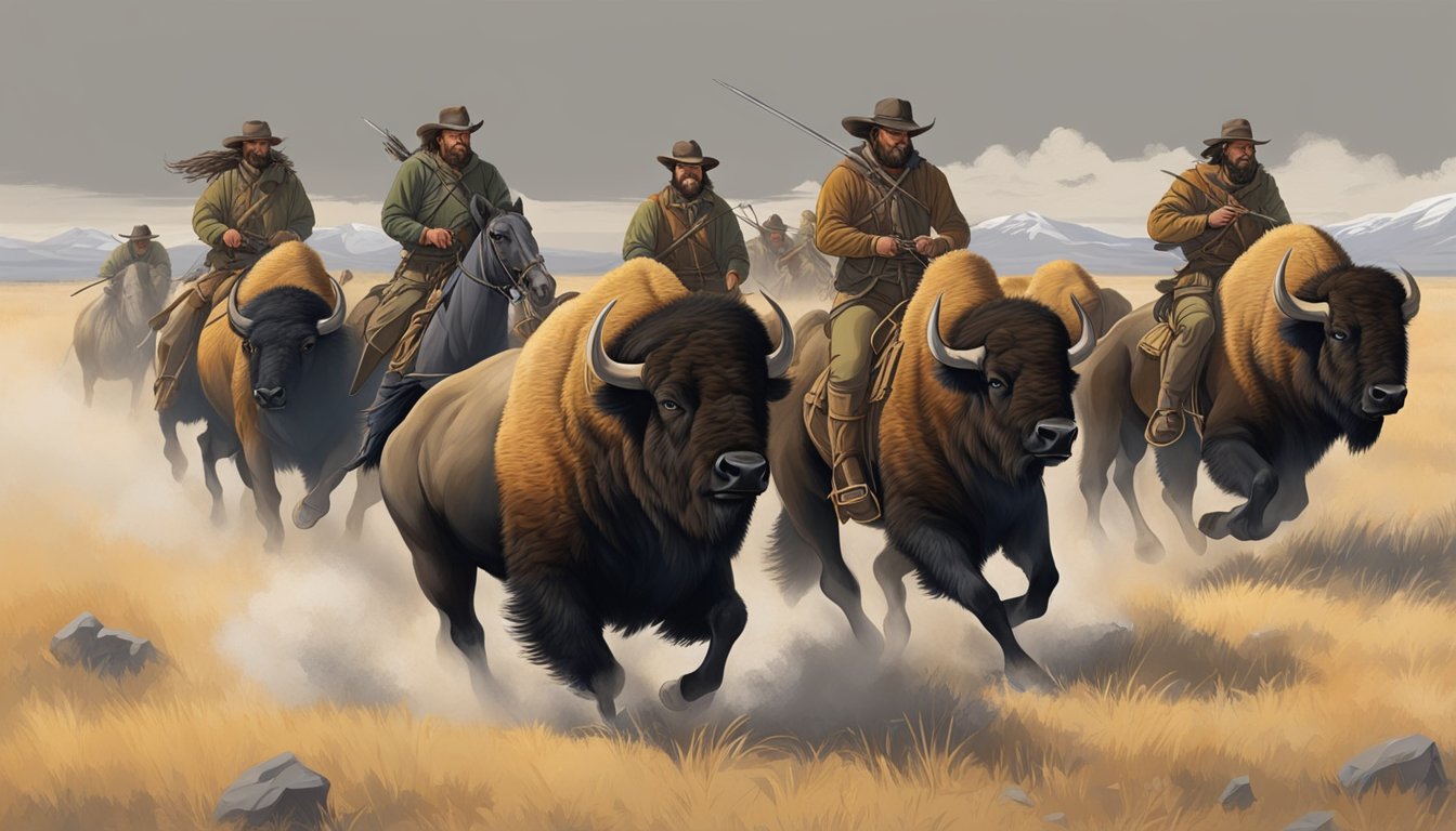 A group of hunters on horseback chase a bison across a vast, open plain. The bison's powerful form is captured in mid-stride, with the hunters in pursuit