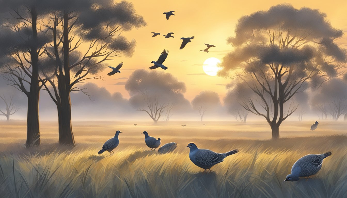 A hunter aims at a group of gray partridges in a grassy field at dawn