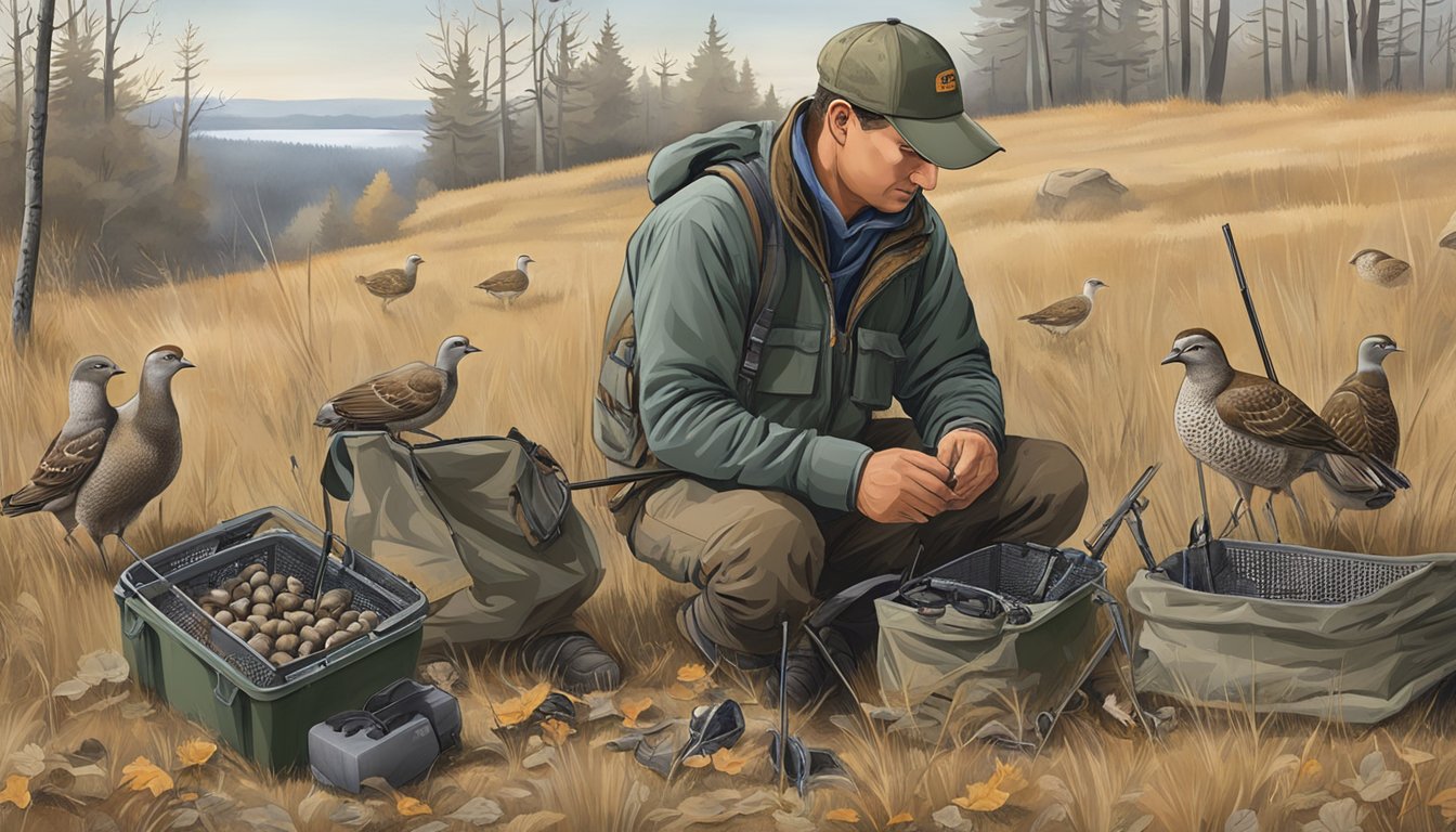 A hunter sets up decoys and checks equipment before heading out for gray partridge hunting