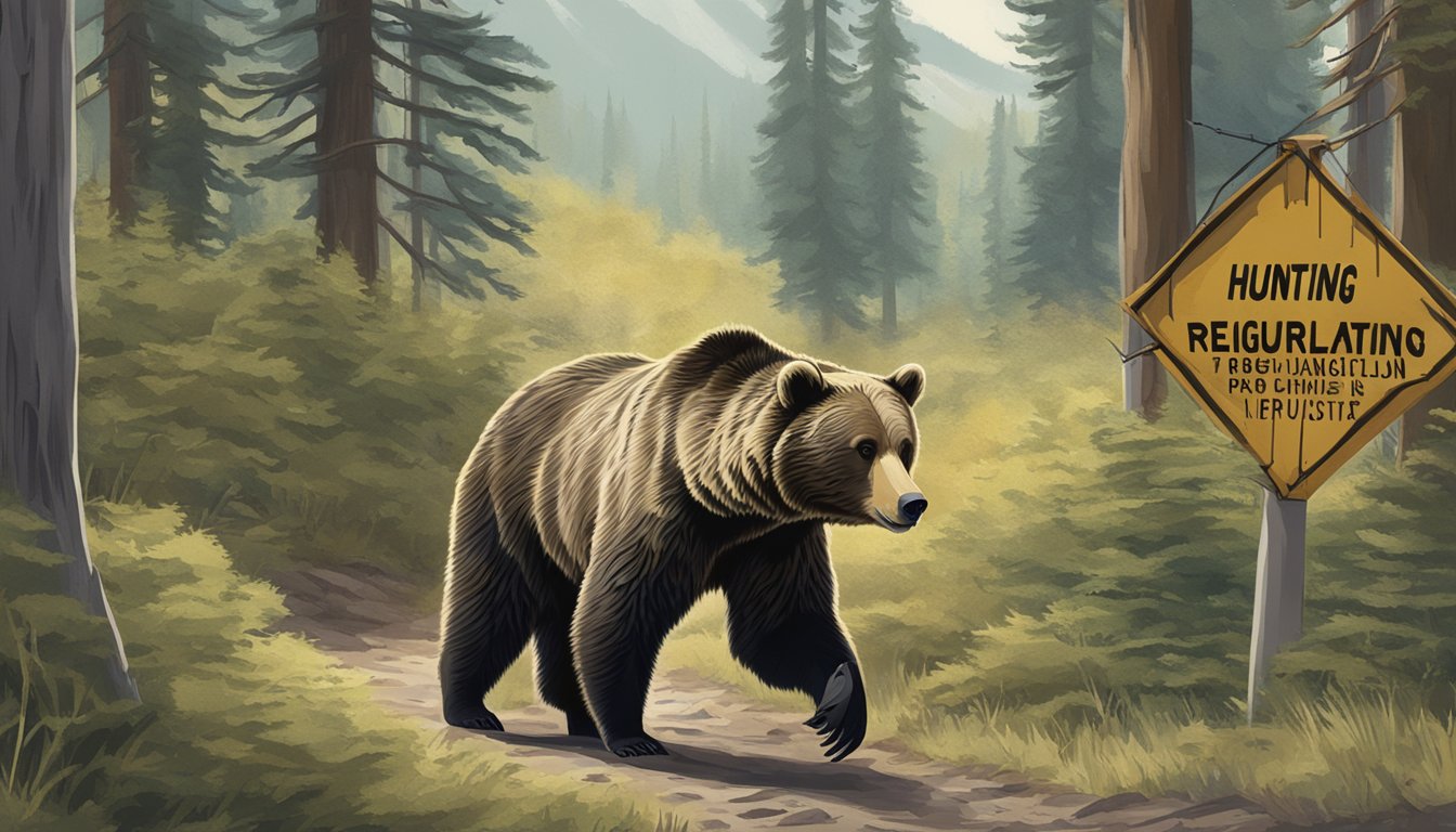 A grizzly bear walking through a forest, with a sign displaying hunting regulations in the background