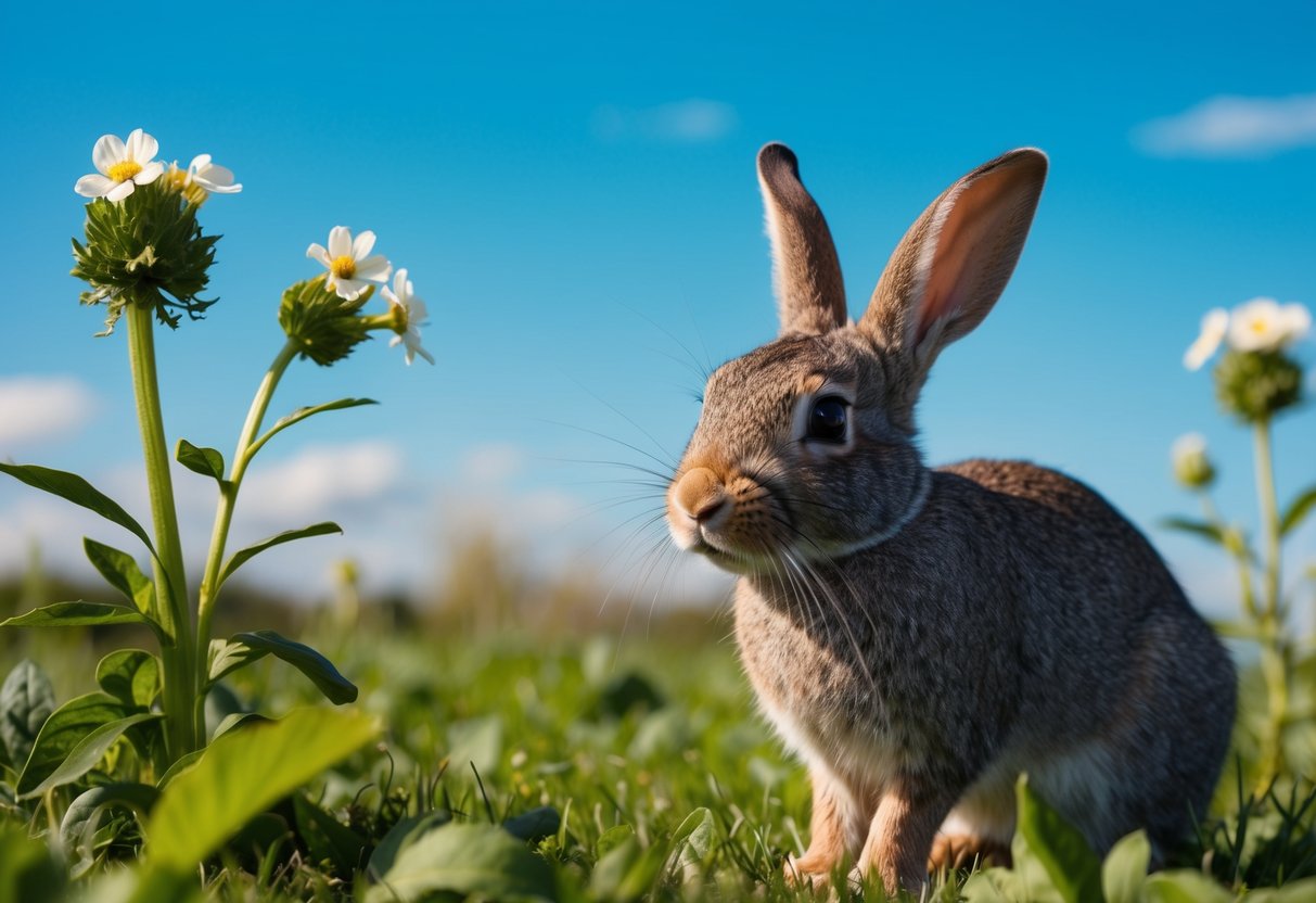 Ein Kaninchen schnuppert an einer Blume, umgeben von unberührten Pflanzen und einem klaren blauen Himmel.