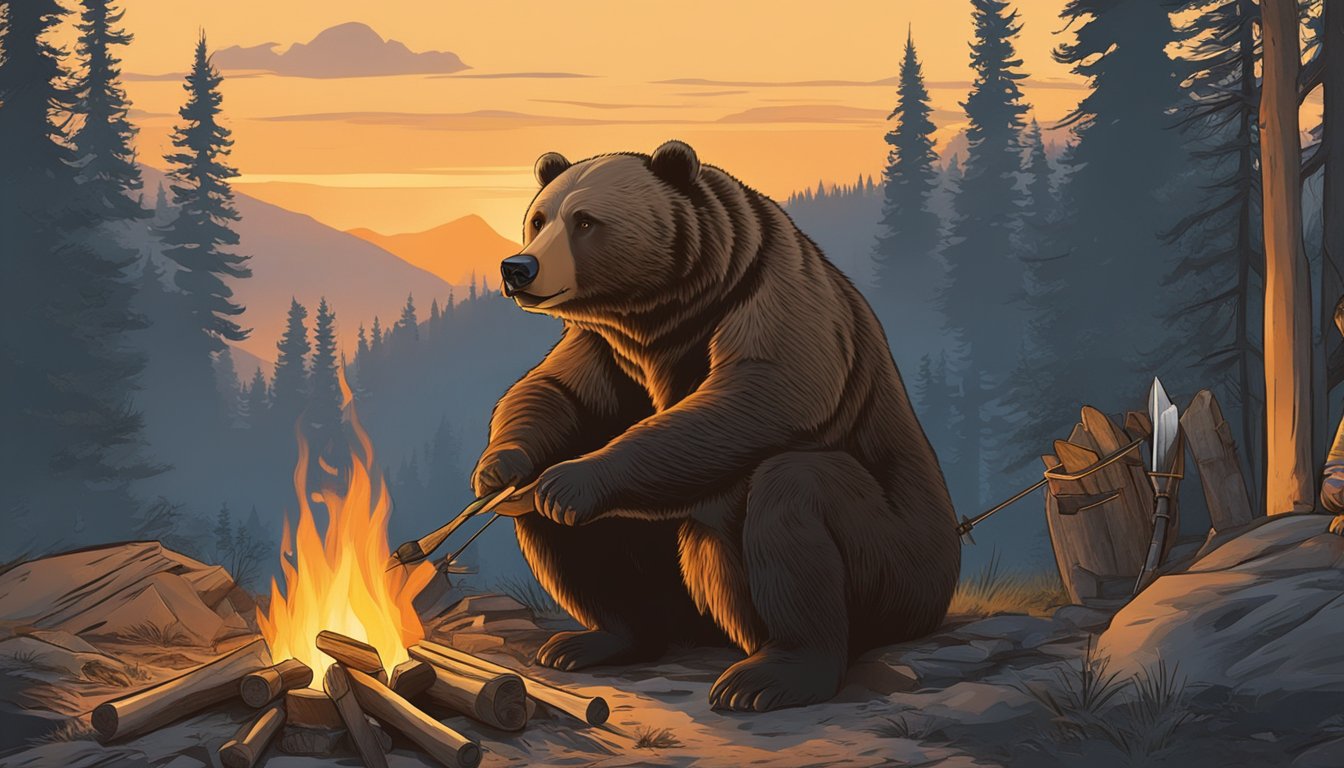 A grizzly bear hunter sharpening arrows by a campfire at dawn