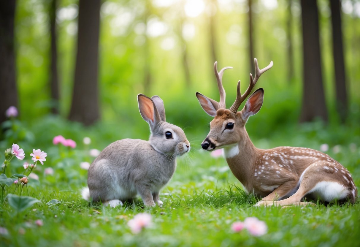 Eine ruhige Lichtung im Wald, auf der ein Hase und ein Reh friedlich zusammenleben, umgeben von blühenden Blumen und üppigem Grün.