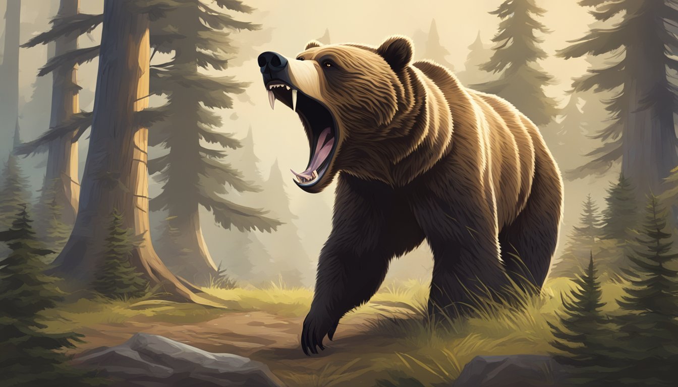 A grizzly bear standing in a forest clearing, mouth open in a roar, with a freshly caught fish in its jaws