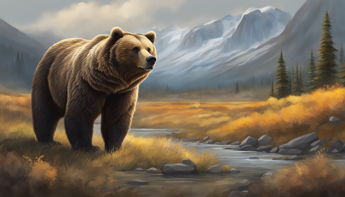 A grizzly bear standing in a vast, rugged wilderness, its powerful presence and wild beauty evoking a sense of ethical responsibility