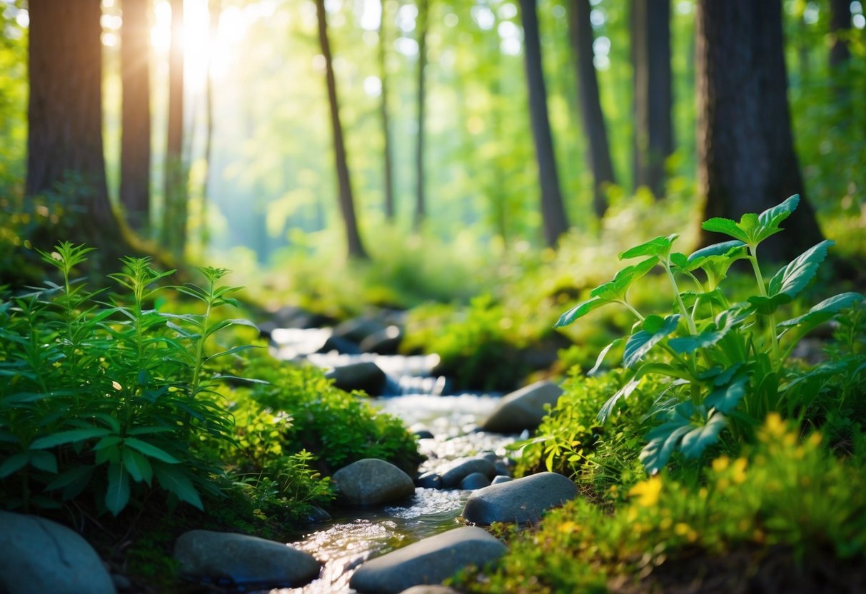 Eine ruhige Waldlichtung mit Heilpflanzen und Kräutern, einem plätschernden Bach und sanftem Sonnenlicht, das durch die Bäume filtert.